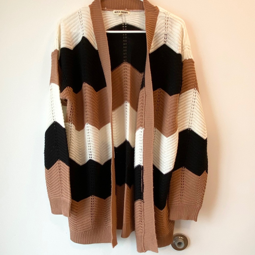 Moral Society Cardigan Womens L Tan Chevron Open Front Pointelle Knit Sweater